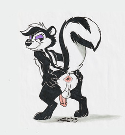 anthro anus biped black_body butt fur hair looking_at_viewer male nude raised_tail rear_view simple_background smile smirk solo spreading stripes tail white_background zaeryn looney_tunes warner_brothers pepe_le_pew mammal mephitid skunk 2025 dated full-length_portrait hi_res portrait signature traditional_media_(artwork)