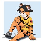 anthro backwards_baseball_cap backwards_hat baseball_cap bottomless clothed clothing convenient_censorship hat headgear headwear male scar sitting solo tail tail_censorship rodos_trail chuck_taylor_all_stars converse tiger_boy_(latotabo) felid mammal pantherine tiger hi_res