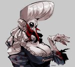 beady_eyes big_breasts black_eyes blood blood_in_mouth blood_on_face blue_clothing blue_dress bodily_fluids breasts cleavage clothed clothing dress female grey_background hair huge_breasts looking_at_viewer pale_skin pointy_nose sharp_teeth simple_background solo teeth white_hair metal_gy darkest_dungeon courtesan_(darkest_dungeon) animal_humanoid arthropod arthropod_humanoid bloodsucker_(darkest_dungeon) fly_(animal) fly_humanoid humanoid insect insect_humanoid mosquito_humanoid vampire hi_res