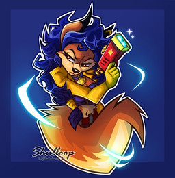 anthro bandeau blue_hair breasts brown_body brown_eyes brown_fur clothing collar dipstick_ears ear_markings eyebrows eyelashes female fur gloves gun hair handwear jacket markings midriff multicolored_ears navel ranged_weapon solo tan_body tan_fur topwear weapon shallowrize sly_cooper_(series) sony_corporation sony_interactive_entertainment sucker_punch_productions carmelita_fox canid canine fox mammal 2026