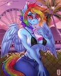 4:5 amusement_ride anthro anthrofied big_breasts black_bra black_clothing black_underwear blue_body blue_bottomwear blue_clothing blue_feathers blue_fur blue_jeans blue_pants bottomwear bra breasts chain-link_fence clothed clothing cutie_mark denim denim_bottomwear denim_clothing equid equine eyewear fan_character feathered_wings feathers female fence ferris_wheel festival friendship_is_magic fur glasses hair hasbro heart_glasses hi_res horse icebounde jeans looking_at_viewer mammal multicolored_hair multicolored_tail my_little_pony mythological_creature mythological_equine mythology palm_tree pants pegasus pink_eyes plant pony rainbow_dash_(mlp) rainbow_hair rainbow_tail shrub solo tail tinted_glasses tree underwear wings