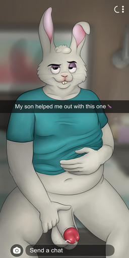 anthro bodily_fluids bottomless clothed clothing foreskin genital_fluids genitals humanoid_genitalia implied_incest male overweight overweight_anthro overweight_male penis precum slightly_chubby solo text slylemur snapchat benson_(slylemur) hare lagomorph leporid mammal rabbit 1:2 absurd_res english_text hi_res