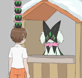 ambiguous_gender anthro brown_hair duo flower_trick fur green_body green_fur green_hair hair male red_eyes snow ylit nintendo pokemon undertale undertale_(series) florian_(pokemon) felid feline generation_9_pokemon human mammal meowscarada pokemon_(species) 2025