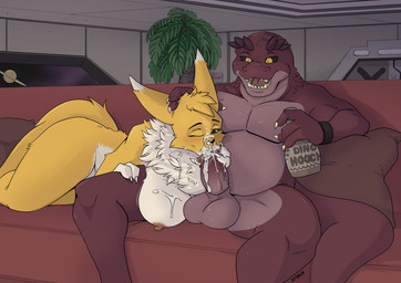 anthro anthro_on_anthro anthro_penetrated anthro_penetrating anthro_penetrating_anthro balls big_balls big_penis black_sclera blue_eyes bodily_fluids cum cum_in_mouth cum_inside cum_on_face duo fellatio female female_penetrated fur furniture genital_fluids genitals male male/female male_penetrating male_penetrating_female multicolored_body multicolored_fur nipples nude nude_anthro nude_female nude_male oral penetration penile penis pink_nipples red_body sex sofa tail two_tone_body two_tone_fur white_body white_fur yellow_body yellow_fur yawg bandai_namco digimon nintendo star_fox drudgegut canid canine digimon_(species) fox mammal renamon scalie sharpclaw_(star_fox) 2026