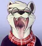 ambiguous_gender anthro bodily_fluids domestic_ferret eyewear glasses hi_res looking_at_viewer mammal milo_(slimyjaws) mouth_shot mustelid musteline nonbinary_(lore) open_mouth oral_vore saliva saliva_string scarf slimyjaws solo teeth throat tongue tongue_out true_musteline vore weasel