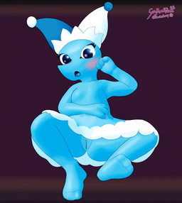 anthro barefoot blush breasts clothed clothing eyelashes feet female fool's_hat genitals hand_on_belly hat headgear headwear looking_at_viewer lying nightgown no_underwear on_back pseudo_clothing pseudo_dress simple_background small_breasts solo surprised vulva water water_body faeriesheep deltarune undertale_(series) elemental_creature mizzle_(deltarune) water_creature 2025 dated hi_res shaded signature