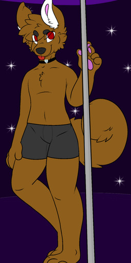 anthro bare_shoulders black_nose brown_body brown_fur bulge cheek_tuft clothing collar facial_tuft feet fluffy fluffy_tail fur happy looking_at_viewer male mostly_nude pawpads pole red_eyes smile solo stage standing stripper_pole tail toes tongue tongue_out tuft underwear white_body white_fur winterxaxl brayden_(winterxaxl) canid canine canis domestic_dog mammal hi_res