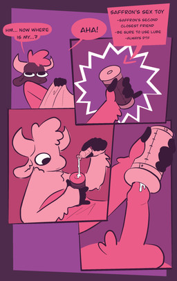 anthro dialogue genitals humanoid_genitalia humanoid_penis imminent_masturbation lube_bottle lube_drip lube_on_sex_toy male mismatched_genitalia mismatched_humanoid_penis mismatched_penis penetrable_sex_toy penetration penis sex_toy shallow_penetration speech_bubble text vanilla_candy unicorn_blood_(comic) saffron_(unicorn_blood) bovid caprine mammal sheep absurd_res comic english_text hi_res restricted_palette