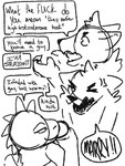 angry anthro female male profanity stated_heterosexuality stated_sexuality text yelling yelling_at_another qwaxi~lixard canid canine canis iguana iguanid lizard mammal reptile scalie wolf 3:4 black_and_white comic english_text monochrome sketch