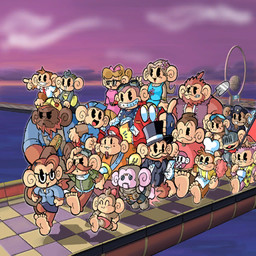 absolutely_everyone anthro brown_body brown_fur candy clothing cotton_candy dessert eyes_closed eyewear female food fur gesture glasses group hand_gesture happy holding_object large_group machine male sandwich_(food) screencap screencap_background smile v_sign unknown_artist sega super_monkey_ball haplorhine mammal monkey primate robot 1:1 official_art
