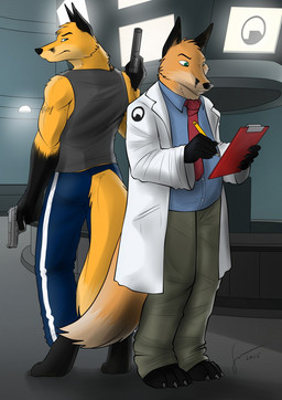 anthro athletic athletic_anthro athletic_male barefoot black_ears black_nose blue_bottomwear blue_clothing blue_eyes blue_pants blue_topwear bottomwear clothed clothing coat duo feet fur gloves_(marking) green_bottomwear green_clothing green_eyes green_pants grey_clothing grey_topwear gun head_tuft holding_gun holding_note holding_note_pad holding_object holding_pencil holding_ranged_weapon holding_weapon inside male male_anthro markings mouth_closed orange_body orange_fur overweight overweight_anthro overweight_male pants pencil_(object) ranged_weapon standing tan_body tan_fur topwear tuft weapon white_clothing white_coat white_topwear yellow_body yellow_fur hufnaar canid canine fox mammal 2015 dated hi_res signature
