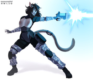 armor black_hair boots breast_squish breasts camo clothing exposed_breasts female footwear gloves gun hair handwear happy mask plasma_gun plasma_pistol ranged_weapon shoes solo squish weapon wearing_mask yellow_eyes conditional_dnp meowcephei felid feline humanoid mammal 2025 hi_res