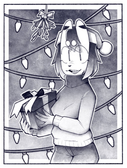 anthro bottomwear box breasts christmas_clothing christmas_decorations christmas_headwear christmas_lights circle_eyebrows clothing container eye_through_hair eyebrows female fingers front_view gift gift_box hair hat headgear headwear holding_gift holding_object holidays looking_at_viewer mistletoe open_mouth open_smile plant santa_hat smile solo sweater topwear translucent translucent_hair bitingbagels christmas bagel_(bitingbagels) 2023 english_description hi_res portrait three-quarter_portrait