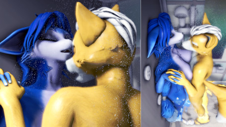 anthro bathing blue_body blue_fur blue_hair brown_body brown_fur duo female fur hair male male/female shower showering showering_together white_hair whitestarfoxline warfaremachine_(modeler) nintendo star_fox fox_mccloud krystal_(star_fox) warfare_fox warfare_krystal canid canine fox mammal 3d_(artwork) digital_media_(artwork) hi_res