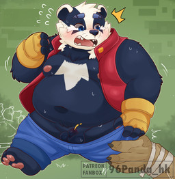 anthro belly big_belly black_body blue_eyes blush bodily_fluids bottomwear clothing genital_fluids genitals humanoid_hands male micropenis moobs navel nipples open_mouth overweight overweight_male pants penis scared small_penis solo_focus sweat urine white_body 96panda bradley_the_badger_(game) bradley_(bradley_the_badger) badger mammal mustelid musteline 2025 hi_res