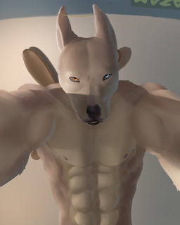 anthro arm_grab bed bedroom bottom_pov dominant fur furniture heterochromia inside male muscular on_top solo stare hamapup canid canine canis domestic_dog mammal 4:5 absurd_res hi_res huge_filesize