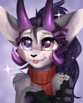 anthro arm_tuft big_eyes black_body black_hair black_nose blep blinking eyebrows eyelashes fangs female fur glistening glistening_eyes grey_body grey_ears grey_fur hair horn long_hair pink_eyes pink_tongue purple_eyes purple_horn shoulder_tuft solo teeth tongue tongue_out tuft white_inner_ear bloominglynx espiozx 2d_animation animated bust_portrait digital_media_(artwork) motion_tweening portrait short_playtime