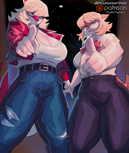 anthro belt big_breasts blonde_hair blue_eyes bone_frill bottomwear breasts clothed clothed_anthro clothed_female clothing denim denim_bottomwear denim_clothing doorway duo female fingers frill_(anatomy) front_view gesture green_eyes grey_bottomwear grey_clothing grey_pants hair hand_gesture humanoid_hands jacket jeans long_hair medium_hair night non-mammal_breasts open_clothing open_jacket open_topwear orange_body pants pink_body pink_clothing pink_jacket pink_topwear pointing pointing_at_viewer shirt sky spiked_tail spikes spikes_(anatomy) standing star starry_sky tail tank_top text topwear torn_bottomwear torn_clothing torn_pants white_body white_clothing white_shirt white_topwear deadassspider cavemanon_studios goodbye_volcano_high i_wani_hug_that_gator ko_op_(game_developer) patreon mia_moretti naomi_(gvh) dinosaur hadrosaurid ornithischian ornithopod parasaurolophus prehistoric_species reptile scalie absurd_res artist_name colored hi_res shaded sibling_(lore) sister_(lore) sisters_(lore)