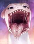 abstract_background ambiguous_feral ambiguous_gender blue_body blue_countershading blue_eyes blue_skin blush blush_lines bodily_fluids countershade_neck countershading detailed_mouth eyelashes feral forked_tongue front_view gaping_mouth glistening long_neck looking_at_viewer mouth_shot multicolored_body multicolored_skin no_sclera open_mouth pink_tongue pupils saliva saliva_on_tongue saliva_string solo teeth tongue tongue_out two_tone_body two_tone_skin white_body white_skin nummynumz dreamworks european_mythology how_to_train_your_dragon mythology naja_(backis) dragon fury_(httyd) light_fury mythological_creature mythological_scalie scalie western_dragon 2025 colored digital_media_(artwork) headshot_portrait hi_res portrait shaded female_(lore)