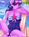 2018 absurd_res anthro beach breasts clothing detailed_background digital_media_(artwork) equid equine eyelashes female friendship_is_magic hair hasbro hi_res horn long_hair looking_at_viewer mammal my_little_pony mythological_creature mythological_equine mythology one-piece_swimsuit outside sand seaside solo swimwear text twilight_sparkle_(mlp) twistedscarlett60 unicorn water