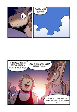 anthro black_clothing black_shirt black_topwear brown_body brown_hair brown_mane clothing cloud cute_fangs day dialogue duo eyes_closed fangs hair happy horn looking_at_another male mane ossicone outside round_ears shirt sky smile speech_bubble sunset tank_top teeth text topwear white_clothing white_shirt white_topwear yellow_body t0l0k andrew_(t0l0k) scott_(t0l0k) felid giraffe giraffid lion mammal pantherine comic english_text hi_res multiple_scenes