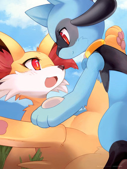 3_fingers ambiguous/ambiguous ambiguous_gender anthro black_body black_fur blue_body blue_ears blue_fur blue_sky brown_inner_ear brown_nose cheek_tuft cloud cute_fangs detailed_background duo eye_contact eyelashes facial_tuft fangs featureless_crotch feet feral fingers fur grass hindpaw inner_ear_fluff iris looking_at_another looking_at_partner lying mountain multicolored_body multicolored_fur null on_back on_ground one_eye_obstructed open_mouth open_smile outside pawpads paws pink_pawpads plant pointy_ears prick_ears pupils red_body red_eyes red_fur semi-anthro sky smile snout soles spread_legs spreading standing tail teeth text tuft white_body white_fur white_pupils yellow_body yellow_ears yellow_fur yellow_tail ancesra nintendo pokemon fennekin generation_4_pokemon generation_6_pokemon pokemon_(species) riolu 2020 3:4 digital_media_(artwork) hi_res url watermark