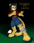 andrewneo anthro brace catmonkshiro cheetah claws clothing dialogue english_text felid feline hair hi_res male mammal solo surprise text transformation