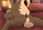 anthro anus backsack balls balls_on_ground bed big_anus big_balls black_anus blue_eyes blurred_background brown_body brown_fur butt butt_focus fur furniture genitals looking_back lying male multicolored_body multicolored_fur on_bed on_front penis presenting presenting_hindquarters puffy_anus raised_tail smile solo spread_legs spreading tail tail_anus tan_body tan_fur two_tone_body two_tone_fur idrysse3 idrysse sergal 2d_animation absurd_res animated hi_res motion_tweening shaded short_playtime soft_shading