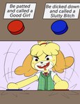 anthro bell blue_button blush bodily_fluids breasts butt cardigan choice clothing drooling fangs female fur good_girl motion_lines phone_drawing pressing_button profanity red_button ribbons saliva shirt small_breasts solo teeth text topwear vest yellow_body yellow_fur happy_harvey animal_crossing daily_struggle nintendo isabelle_(animal_crossing) canid canine canis domestic_dog mammal english_text hi_res meme