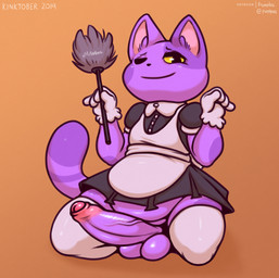 4_fingers anthro balls blush body_blush clothed clothing crossdressing erection femboy fingers fur genitals gloves handwear holding_object humanoid_genitalia humanoid_penis looking_at_viewer maid_uniform male one_eye_closed penis penis_blush purple_body purple_fur simple_background smile solo uniform vein veiny_penis frumples animal_crossing nintendo bob_(animal_crossing) domestic_cat felid feline felis mammal 2019 digital_media_(artwork)