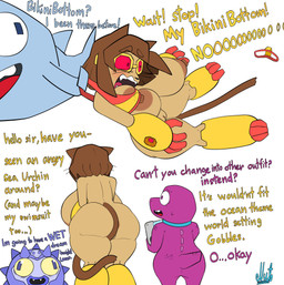 anthro anus areola bikini bikini_bottom bikini_top breasts butt clothing dialogue eyewear fangs female genitals goggles greeting group male mostly_nude nipples nude open_mouth rear_view spikes swimwear tail teeth text tongue two-piece_swimsuit vulva whiskers nutnut_kunisaki gameoverse glitch_productions earl_the_urchin_(gameoverse) flappers_(gameoverse) gobbles_(gameoverse) kit_bodega aquatic cetacean dinosaur dolphin echinoderm echinozoan felid feline mammal prehistoric_species reptile scalie sea_urchin toothed_whale absurd_res english_text hi_res