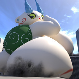 anthro big_breasts big_butt blue_nipples breasts building building_destruction butt city city_background colored_fire cracks crossgender destruction female fire green_eyes huge_butt hyper hyper_butt logo low-angle_view macro markings nipples pink_nose rear_view side_view smoke solo swirl_pattern thick_thighs white_body keynor badtumaki_(modeler) asian_mythology east_asian_mythology japanese_mythology level-5 mythology yo-kai_watch komasan canid canine foo_dog human komainu mammal spirit yokai 1:1 3d_(artwork) absurd_res digital_media_(artwork) hi_res huge_filesize