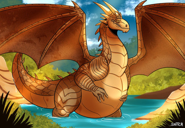 belly big_belly claws feral grass hand_on_belly horn male overweight overweight_feral overweight_male plant pond solo tail tan_arms tan_belly tan_body tan_legs tan_tail tan_wings white_claws white_horn yellow_eyes snitch_(artist) dragonheart mythology universal_studios draco_(dragonheart) dragon mythological_creature mythological_scalie scalie 2026