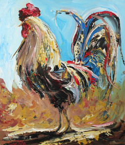 blue_sky feral grass male outside plant sky solo geordie_millar avian bird chicken galliform phasianid acrylic_painting_(artwork) formal_art painting_(artwork) traditional_media_(artwork) traditional_painting_(artwork)