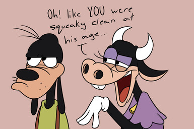 2_horns 4_fingers anthro bell bell_collar bent_arm big_nose black_body black_collar black_eyes black_fur black_hair black_nose brown_background brown_clothing brown_topwear brown_vest buckteeth clothed clothed_anthro clothed_female clothed_male clothing collar curved_horn dialogue duo eyelashes eyeshadow female female_anthro fingers floppy_ears fur gloves green_clothing green_shirt green_topwear grumpy hair half-closed_eyes handwear horn looking_away lop_ears makeup male male_anthro multicolored_body narrowed_eyes no_eyebrows no_pupils open_mouth open_smile purple_clothing purple_eyeshadow purple_shirt purple_topwear red_tongue shirt short_hair simple_background smile smiling_at_another squint talking_to_another tan_body tan_eyelids tan_inner_ear tan_skin teeth text tongue topwear two_tone_body vest whisker_spots white_clothing white_gloves white_handwear white_horn yelling insert-thenewbl-here disney clarabelle_cow goofy_(disney) bovid bovine canid canine canis cattle domestic_dog mammal 2025 digital_drawing_(artwork) digital_media_(artwork) english_description english_text flat_colors