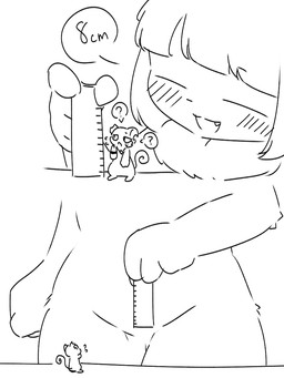 ambiguous_gender anthro comparing duo female female/ambiguous feral fur imminent_unbirth imminent_vore larger_female macro measuring measuring_penetration_depth open_mouth ruler simple_background size_difference smile text thick_thighs vore wide_hips cursor_nemui mammal 3:4 digital_media_(artwork) monochrome