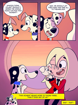 black_ears black_spots collar dialogue female feral floppy_ears fur group heterochromatic_ears male orange_collar pink_inner_ear speech_bubble spots text trio white_body white_fur white_spots elibear gjtproductions 101_dalmatian_street 101_dalmatians disney delilah_(101_dalmatians) dorothy_(101_dalmatians) doug_(101_dalmatians) dylan_(101_dalmatians) hunter_de_vil canid canine canis dalmatian domestic_dog human mammal 3:4 comic english_text hi_res