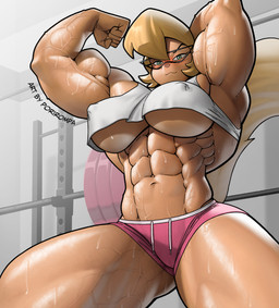 abs alternate_body_type anthro athletic_wear big_breasts big_muscles blonde_hair bodily_fluids bottomwear breasts clothing crop_top erect_nipples eyewear female flexing glasses green_eyes gym gym_bottomwear gym_shorts hair huge_muscles low-angle_view muscular muscular_arms muscular_female muscular_thighs nipple_outline nipples serratus shirt shorts solo sweat sweaty_body tan_body topwear under_boob vein veiny_arms veiny_muscles porirompa hanna-barbera swat_kats callie_briggs domestic_cat felid feline felis mammal 2026 colored hi_res shaded signature