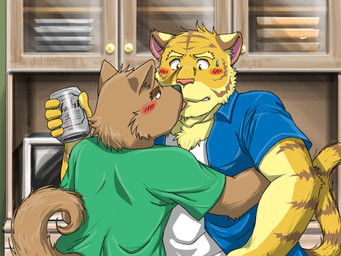 alcohol anthro beer beverage blush countershading drunk duo food kissing male male/male substance_intoxication tail fruitz canid canine canis felid mammal pantherine tiger wolf 4:3