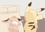 2018 ambiguous_gender bed brown_body duo eevee faceless_character furniture generation_1_pokemon get_it_go inside lying neck_tuft nintendo on_back on_bed pikachu pillow pokemon pokemon_(species) red_cheeks tuft yellow_body