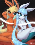 anthro blonde_hair blue_body blue_sclera blush breasts convenient_censorship duo female female_anthro hair hand_behind_head medium_breasts nervous no_pupils nude orange_body pokemorph pseudo_hair sitting smile steam wariza white_eyes rilex_lenov nintendo pokemon aki_(rilex_lenov) ignis_(rilex_lenov) eeveelution flareon generation_1_pokemon generation_4_pokemon glaceon pokemon_(species) 2022 hi_res