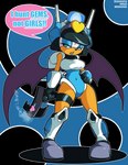 anthro blue_eyes boots breasts clothing cosplay crossover_cosplay dialogue eyeshadow female footwear gun handgun leotard lipstick makeup narrowed_eyes open_mouth ranged_weapon shoes simple_background solo speech_bubble tan_body tan_skin text weapon wings s-dash mighty_switch_force! sega sonic_the_hedgehog_(series) wayforward patricia_wagon rouge_the_bat bat mammal 2013 alpha_channel crossover english_text hi_res signature