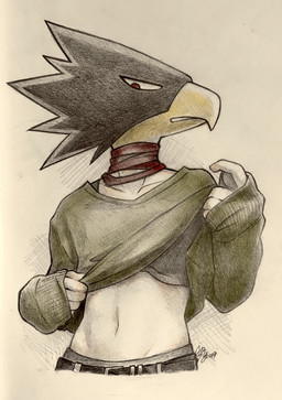 5_fingers beak belt clothed clothed_humanoid clothed_male clothing clothing_lift fingers for_a_head front_view humanoid_hands looking_down male male_humanoid midriff narrowed_eyes navel partially_clothed partially_clothed_humanoid partially_clothed_male shirt simple_background solo sweater topwear abby00531 my_hero_academia fumikage_tokoyami animal_head animal_humanoid avian avian_humanoid humanoid 2019 dated hi_res signature traditional_media_(artwork)