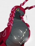 ambiguous_gender bodily_fluids cum cum_drip cum_on_chest dripping feral genital_fluids looking_at_viewer naughty_face simple_background solo text agemono nintendo pokemon arthropod generation_5_pokemon myriapod pokemon_(species) scolipede japanese_text translation_request