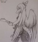 anthro bass_guitar big_wings black_fingernails black_nails bone_frill bottomwear breasts butt clothed clothing colored_nails facial_markings feathered_wings feathers female fingernails frill_(anatomy) guitar hair head_markings heart_symbol holding_guitar holding_musical_instrument holding_object long_hair markings musical_instrument nails pants plucked_string_instrument rear_view short_tail side_boob smile snout solo spiked_hairband standing string_instrument striped_markings striped_tail stripes tail tail_markings torn_bottomwear torn_clothing torn_pants wings wristband yhorey_san cavemanon_studios facebook goodbye_volcano_high instagram snoot_game twitter fang_(gvh) prehistoric_species pterodactylus pterosaur reptile scalie 2022 better_version_at_source hi_res monochrome