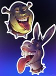 ahegao anthro big_nose bodily_fluids collar cursed_image duo ears_up eyebrows fur glistening glistening_eyes gradient_background green_body green_skin grey_body grey_fur hair long_ears long_tongue looking_pleasured looking_up male nightmare_fuel orgasm orgasm_face red_eyes simple_background spiked_collar spikes sticker sweat teeth text tongue tongue_out what where_is_your_god_now why cursedmayo dreamworks shrek_(series) donkey_(shrek) shrek_(character) asinus donkey equid equine humanoid mammal ogre 3:4 digital_media_(artwork) hi_res shaded soft_shading url