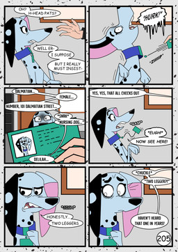 black_ears black_nose black_spots blue_collar collar dialogue female feral fur heterochromatic_ears holding_card id_card male pink_inner_ear speech_bubble spots text white_body white_fur white_spots redundantmodule 101_dalmatian_street 101_dalmatians disney alfred_bright delilah_(101_dalmatians) canid canine canis dalmatian domestic_dog human mammal comic english_text hi_res
