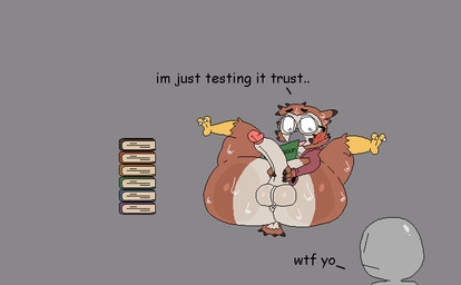 ambiguous_gender anthro anus balls being_watched big_balls big_butt big_penis blush blush_lines bodily_fluids book butt caught_in_the_act caught_masturbating clothed clothing dialogue duo eyewear feathers feet genitals glans glasses glistening glistening_balls glistening_body glistening_butt glistening_genitalia grey_background grey_body huge_butt looking_at_another male male/ambiguous masturbation mouth_closed multicolored_body nervous open_mouth partially_clothed penis reading reading_book robe robe_only shocked simple_background spread_legs spreading stroking_penis sweat sweating_profusely tail tail_feathers talking_to_another talons text thick_thighs toes x_anus nxyitn avian bird humanoid owl aliasing animated digital_media_(artwork) english_text loop