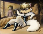 anthro biped blonde_hair boots clothed clothing cosplay crate day dominatrix female fluffy fluffy_tail footwear fur hair holding_object inside mask red_eyes shoes sitting solo tail white_body white_fur window shelly_pleger blade_runner cats_don't_dance warner_brothers pris_stratton sawyer_(cats_don't_dance) domestic_cat felid feline felis mammal replicant