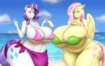 anthro anthrofied beach big_breasts bikini blues64 breast_size_difference breasts cleavage clothed clothing curvy_figure duo equid equine female fluttershy_(mlp) friendship_is_magic hasbro hi_res horn huge_breasts hyper hyper_breasts mammal marauder6272 my_little_pony mythological_creature mythological_equine mythology pegasus rarity_(mlp) seaside swimwear thick_thighs unicorn voluptuous wings